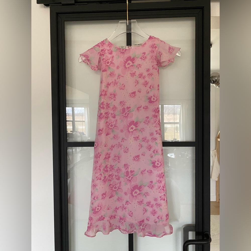 Vintage 90’s y2k Cherokee Pink Floral Chiffon Dress Flutter sleeve XS (5)